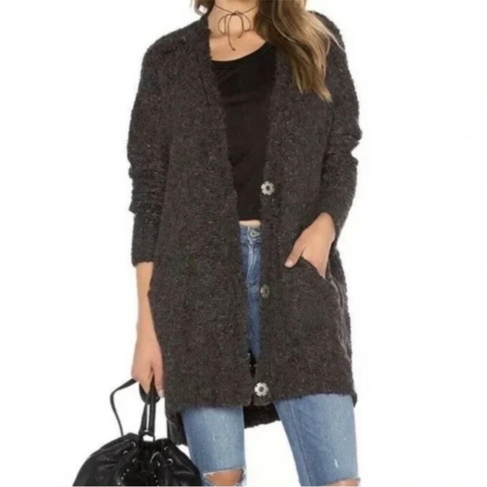 Free People Oversized Long Bouclé V-Neck Cardigan Gray Alpaca Blend Small